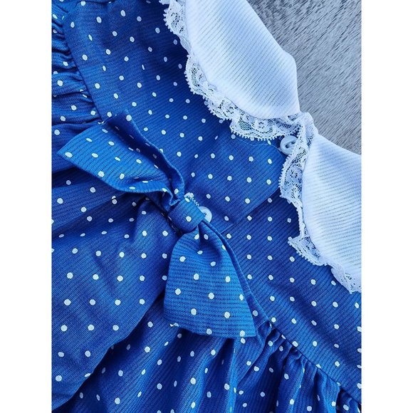 Vintage Mini World Blue Party Dress Size 6-9 Months White Lace Ruffles Bow Pants - Picture 7 of 9